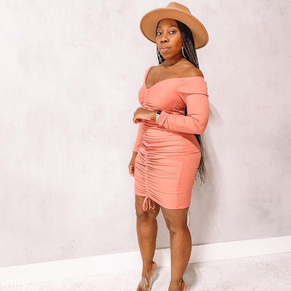 (NWT) Ruched Ribbed Bodycon Dress - Coral Pink - Picture 2 of 4